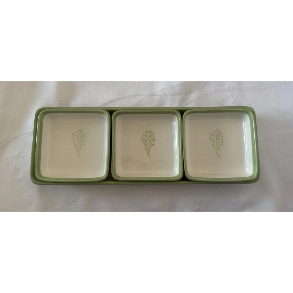 Hallmark Signature Green Rim Ceramic Serving Tray with 3 Small Dishes Leaf Set